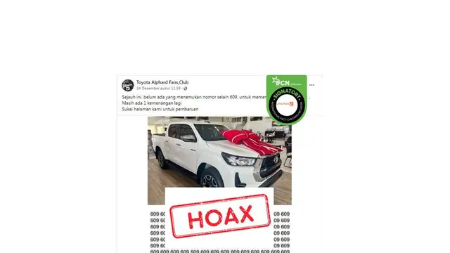 Postingan Hoaks Pembagian Toyota Hilux Hanya dengan Tebak Angka di Facebook
